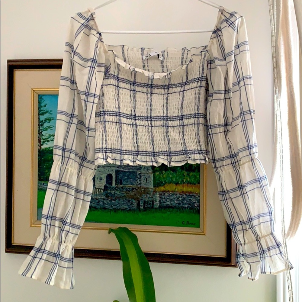 Zara Ruched Cropped Long-Sleeve Gingham Top